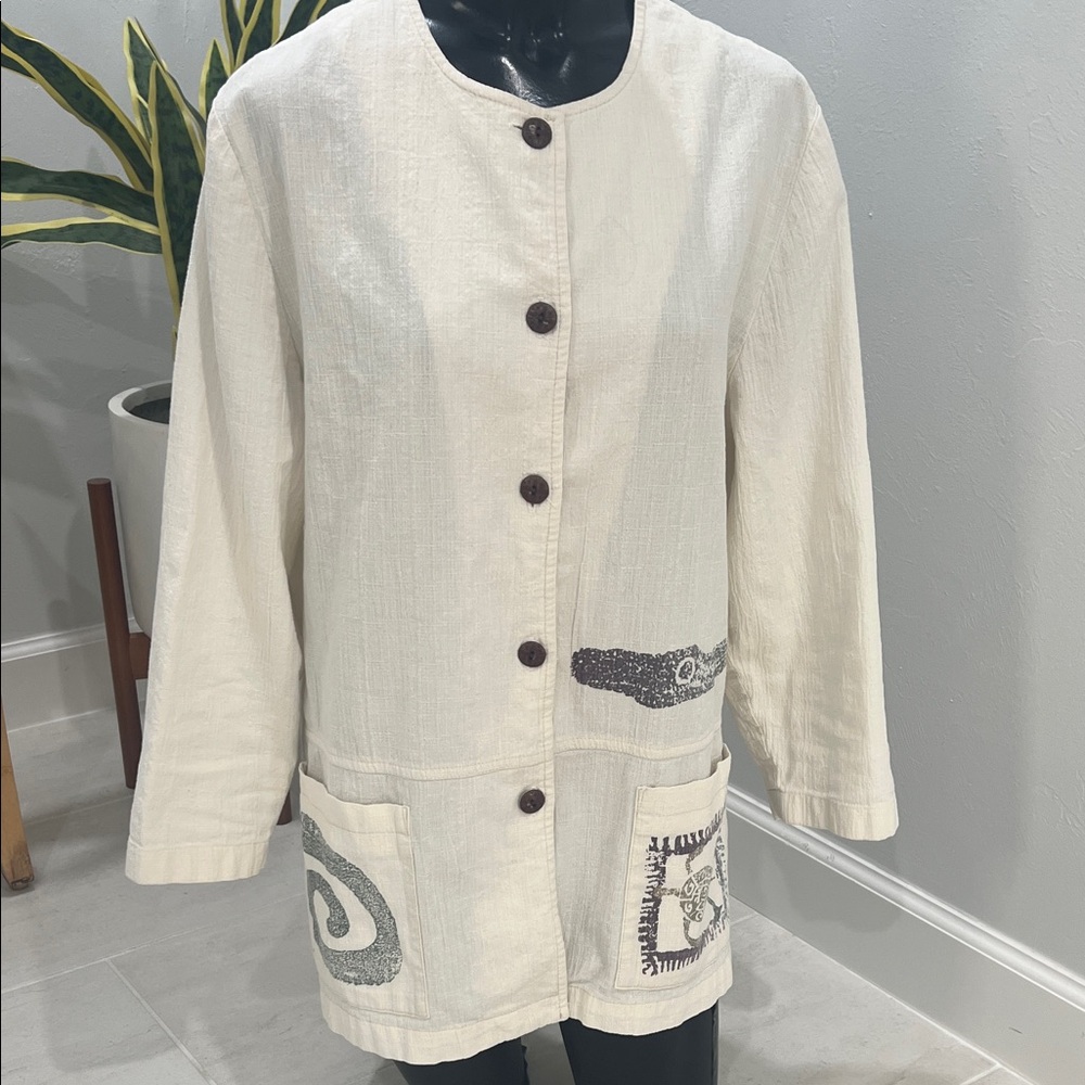 Patchington Women's S/M Cream Wooden Buttons Jacket with Embroidered Details